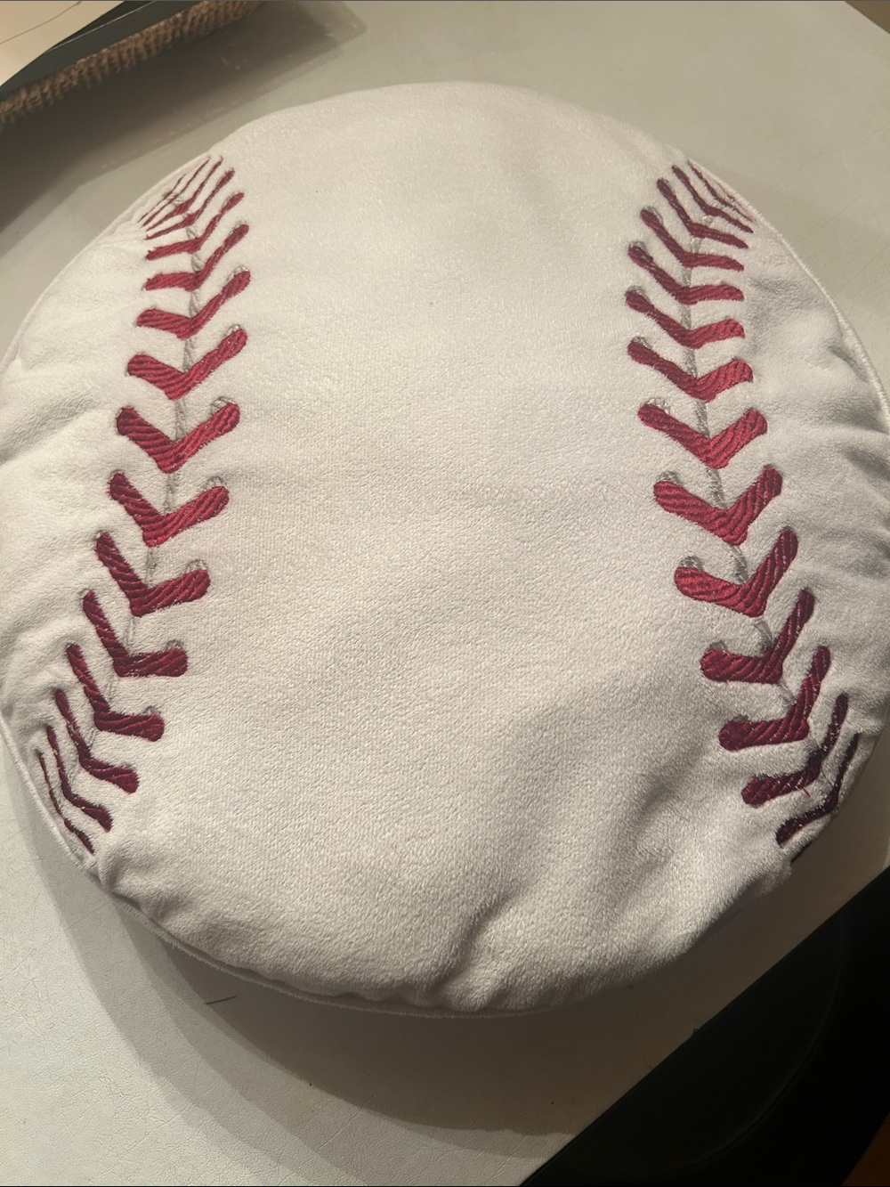 Kids Baseball Stitch Round Throw Pillow - White with Red Stitching